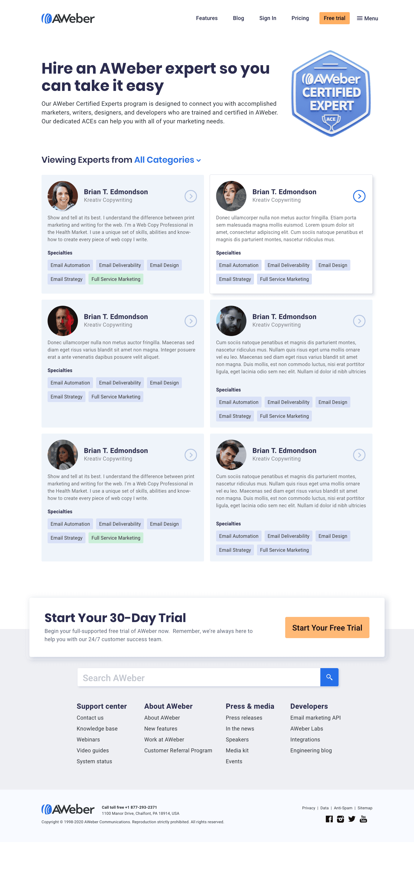 AWeber Experts portal — index