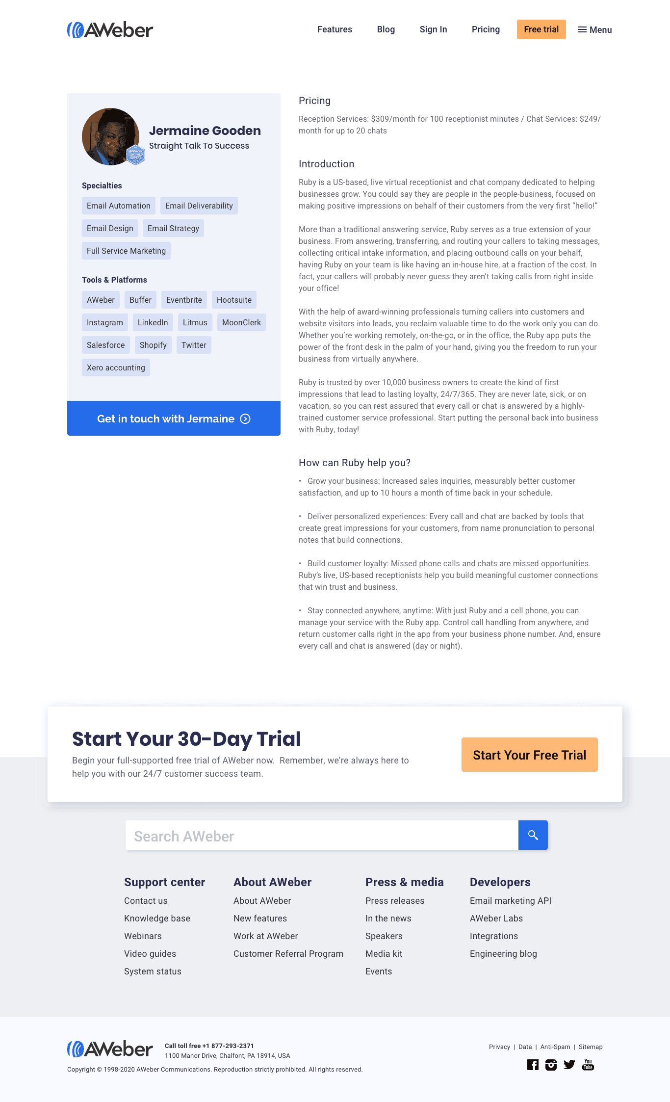 AWeber Experts portal — profile template