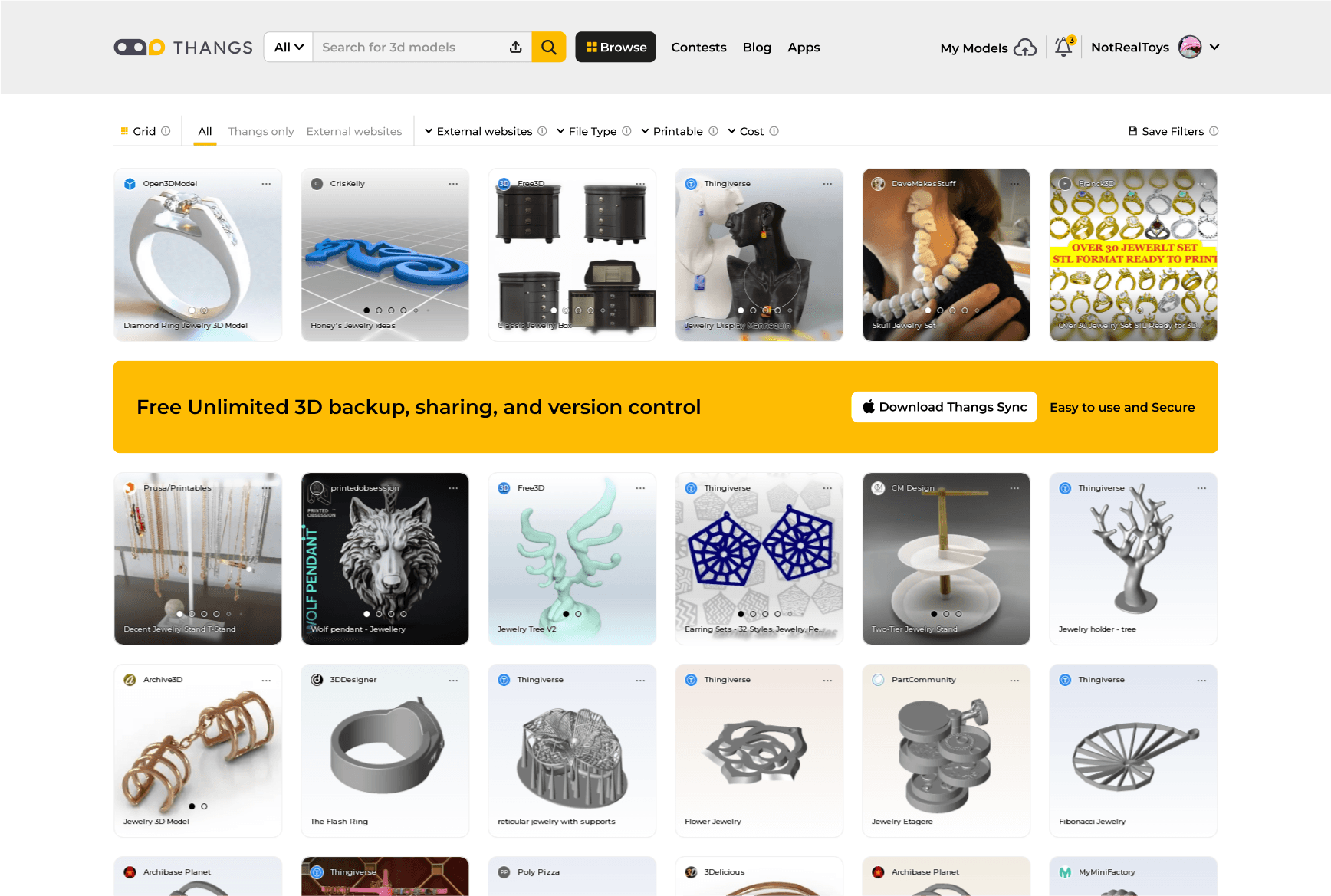 Thangs — browse view, desktop