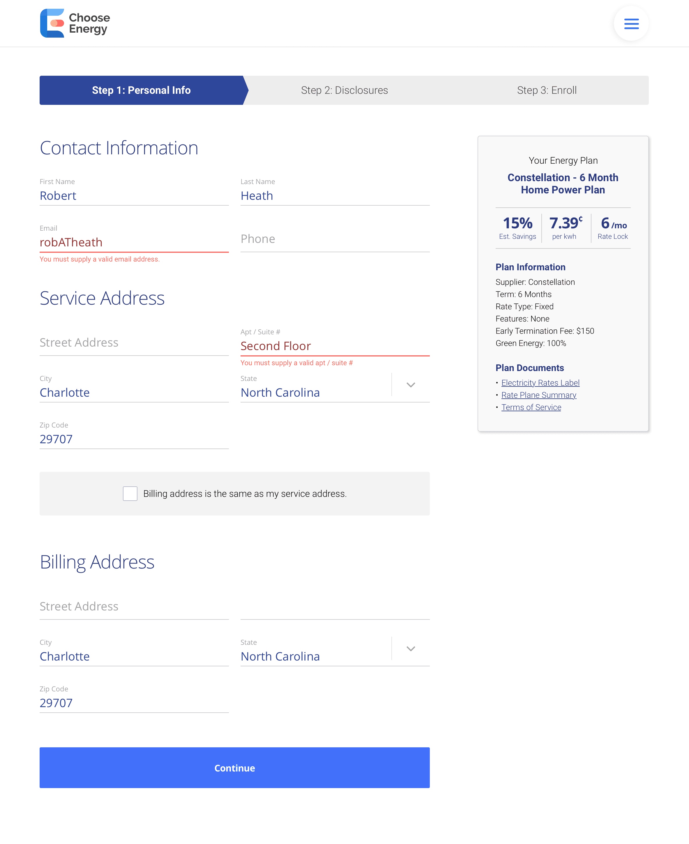Cart — enrollment form, full scroll