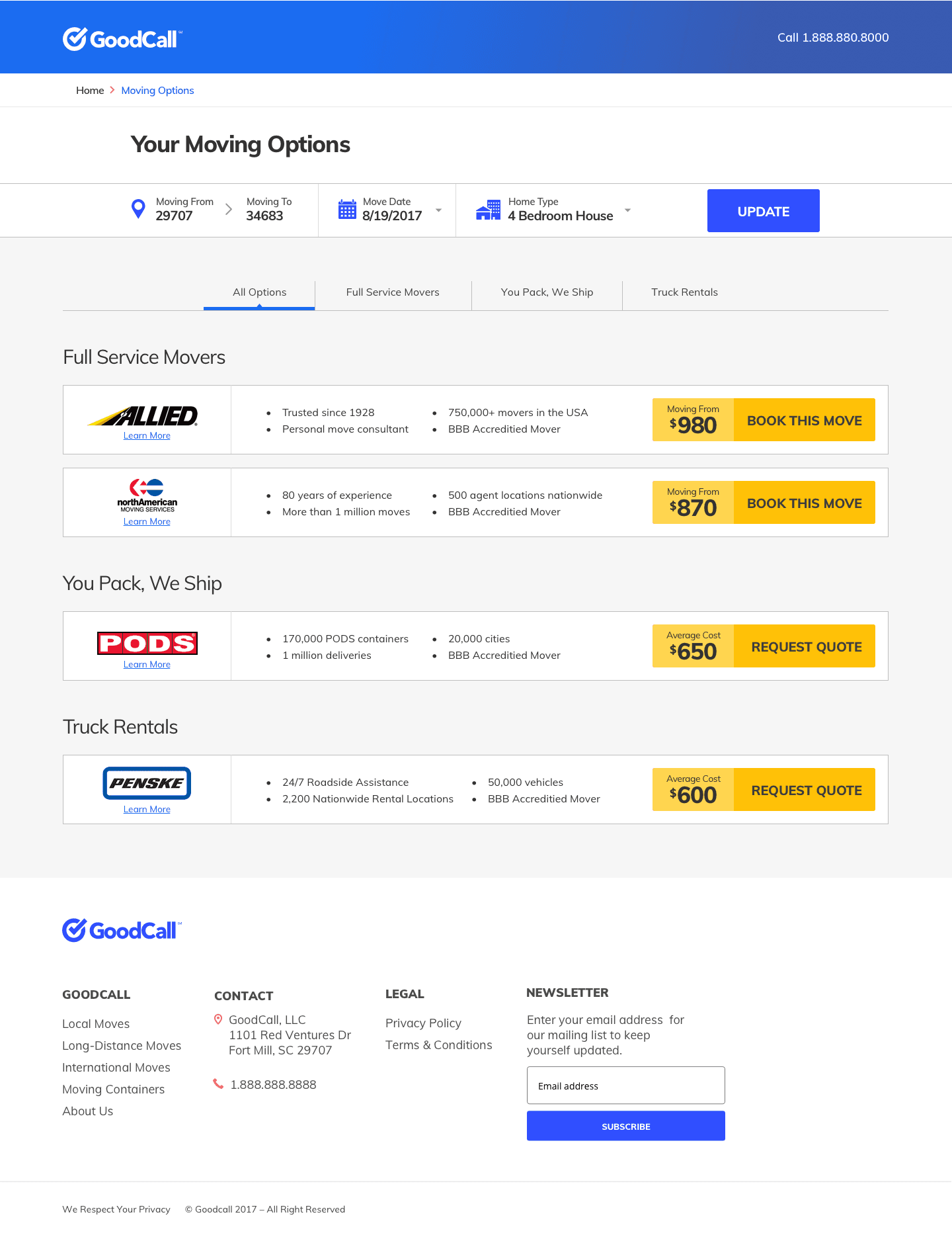 GoodCall — booking page, desktop